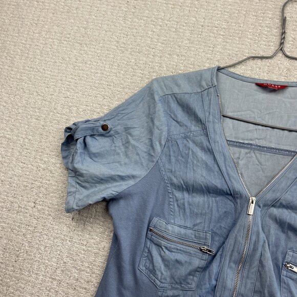 Guess Full Zip Utility Tech Pockets Shirt Military Faded Blue Women Sz XL* - Picture 3 of 11